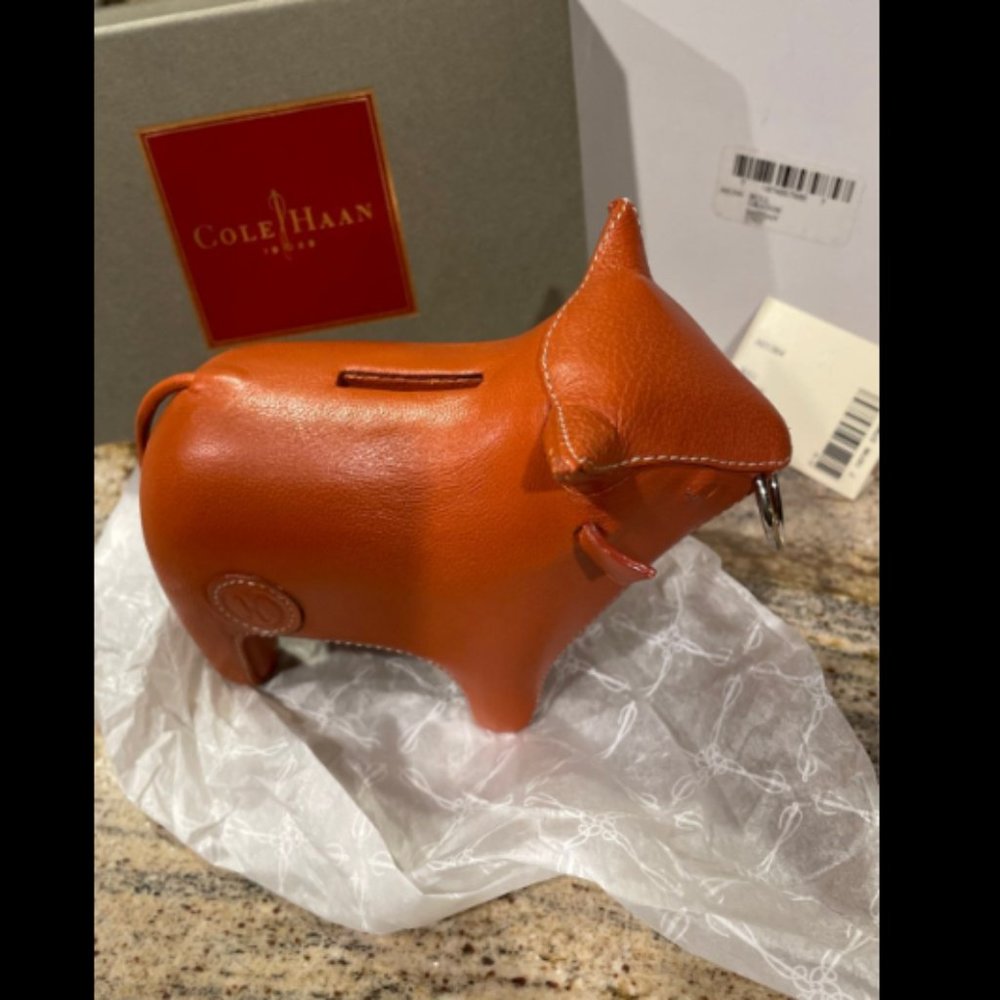 COLE HAAN Orange Saffian Leather BULL Coin slot Bank collectible gift unique NEW